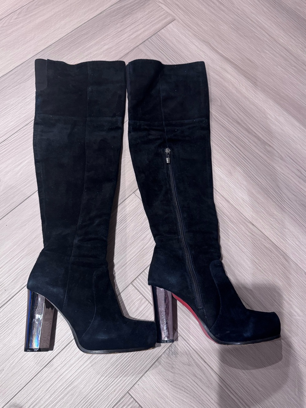 Women’s Black Suede Over-the-Knee Boots with Metallic Block Heel